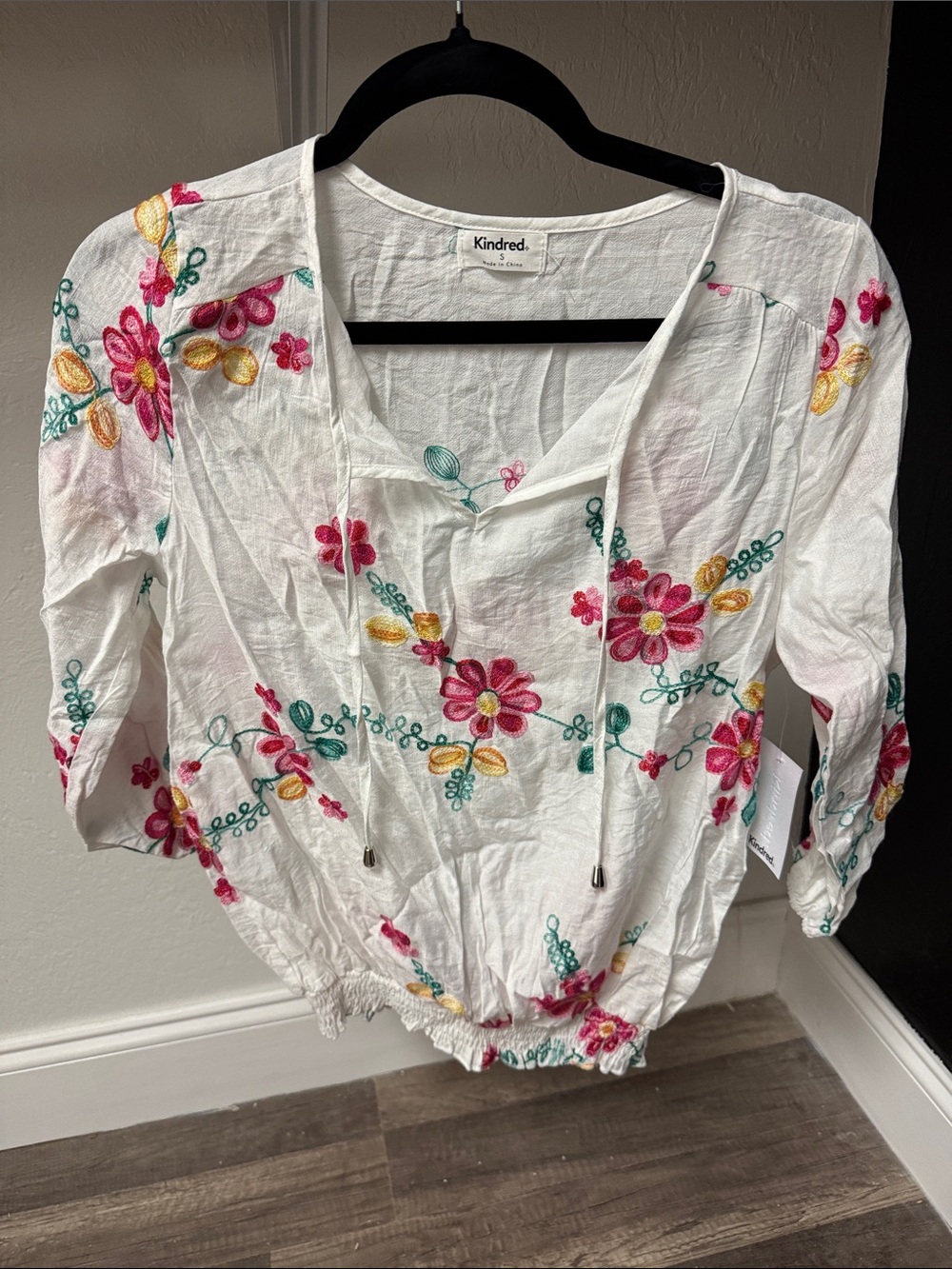 Kindred White Floral Embroidered Peasant Tunic - Pink & Yellow